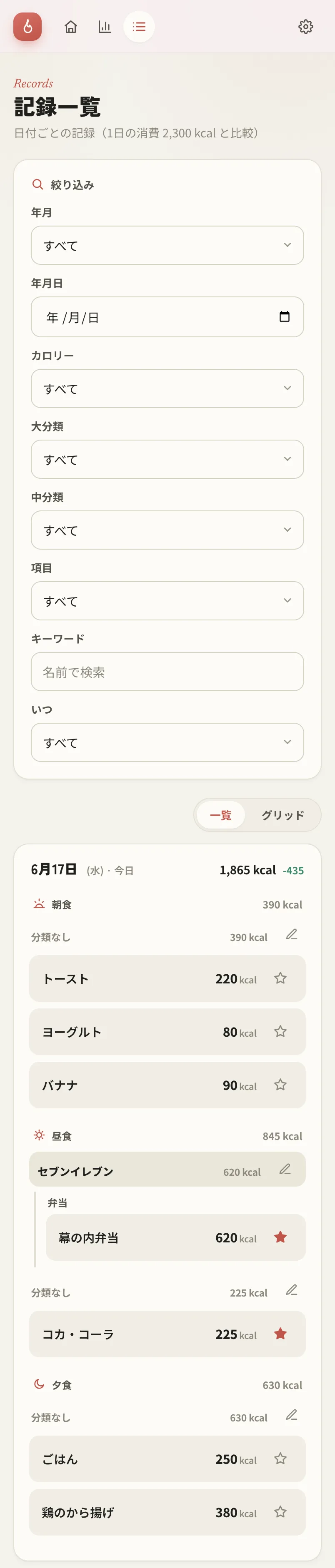 記録一覧。日付→食事→分類の階層と多彩な絞り込み