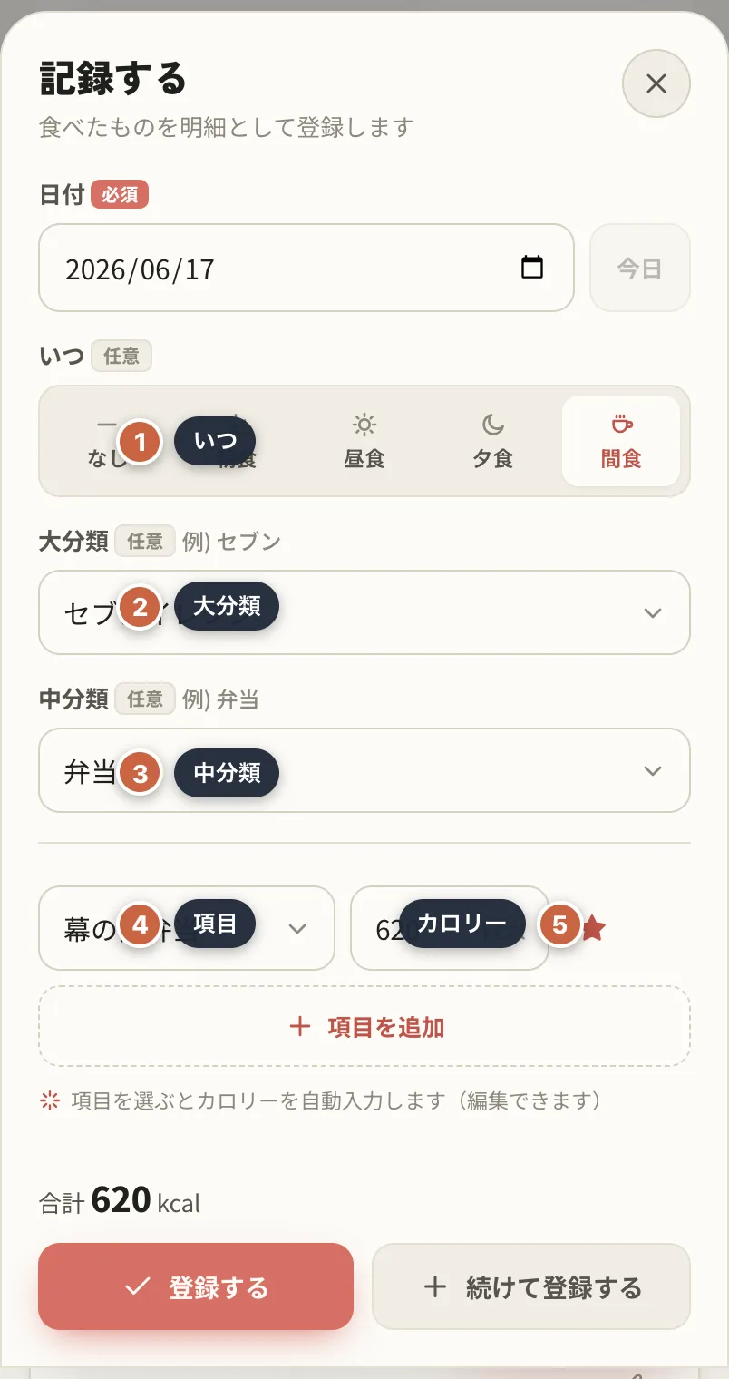 記録フォームの各項目（いつ・大分類・中分類・項目・カロリー）