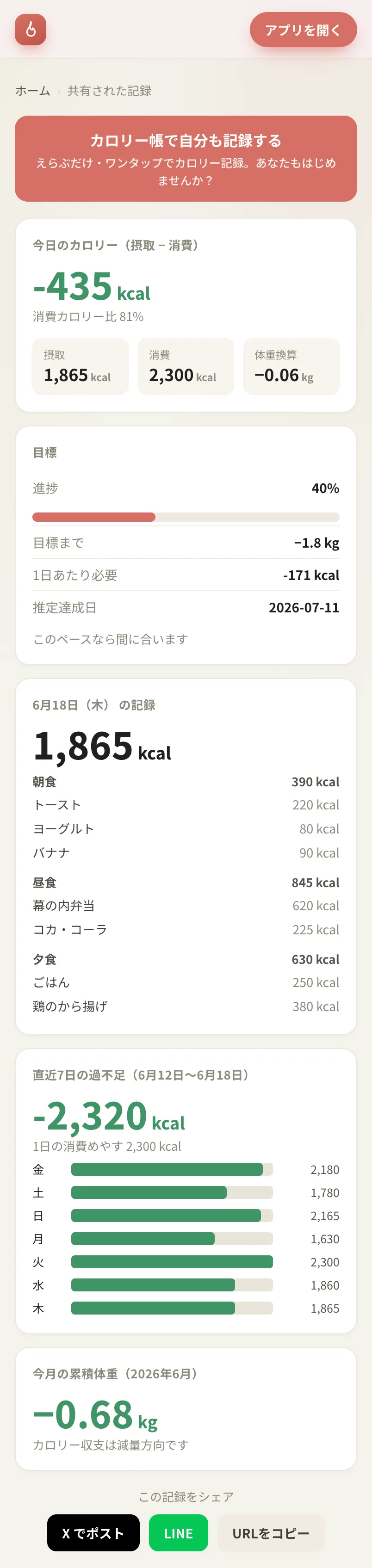 共有された記録の公開ページ。今日の予算・目標・記録などのスナップショット